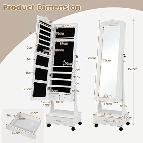 COSTWAY Mobile Jewelry Cabinet, 6 LED Lights Floor Standing Lockable Jewelry Armoire with Full Length Mirror, Drawer and Wheels, Adjustable Makeup Jewellery Organiser Storage Unit for Bedroom (White)