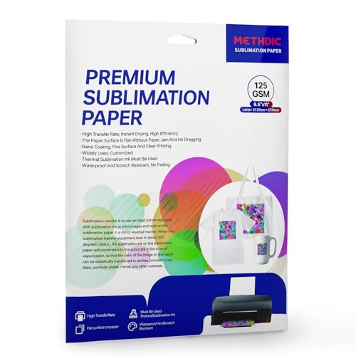Methdic Sublimation Paper 8.5x11 Inch 30 Sheets Sublimation Blanks Transfer Paper For Inkjet Printer ，125 gsm