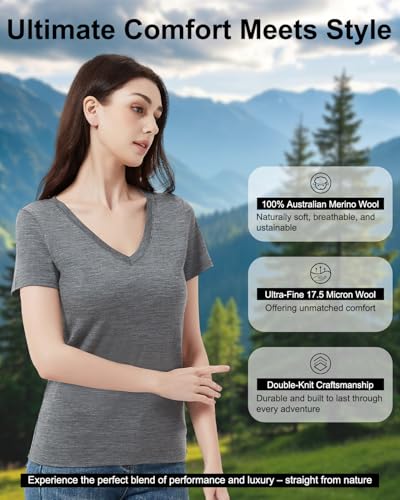 Women's 100% Merino Wool T-Shirt, Breathable Base Layer Tops for Women, Moisture-Wicking Athletic Wool V-Neck Undershirt4