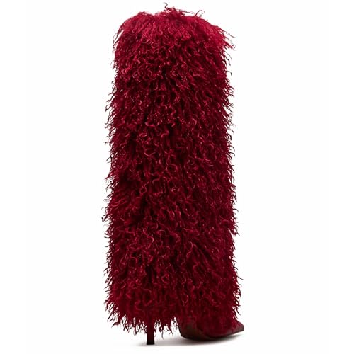 Faux Fur Knee High Boots Women Pointed Toe Slouchy Fold Over Fall Boots Stiletto High Heels Pull on Tall Wide Calf Winter Shoes3