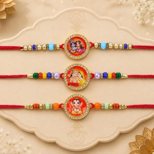 Image of DeoDap Rakhi with Chocolate for Brother - Mix Design Round Shape Colorful Stylish Rakhi 3 Pc with Butter Scotch Nuts Chocolate 32gms, Silver Color Coin, Greeting Card & Tilak Set - Tradtional Raksha Bandhan Combo