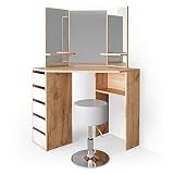 Vicco Tocador de Esquina Arielle, Roble Dorado/Blanco, 110 cm con Taburete