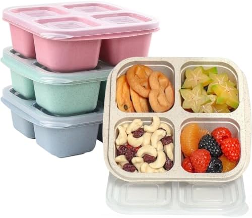 Jagney 4 Pack Bento Lunch Box, 4 Compartment Snack Containers, Divided Bento Snack Box, Work and Travel, Meal Prep Containers Kids/Toddle/Adults, Food Storage Containers for School.