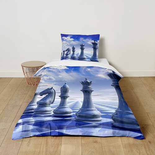 Hixingo Lindo Ropa de Cama 2 Piezas para Niños,3D Ajedrez Estampado Funda Nordica y Funda de Almohada,Ropa de Cama de Microfibra (Azul Blanco,120x150+40x60 cm)