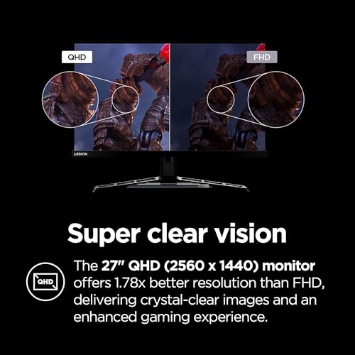 Image of Lenovo Legion Y27qf-30 Gaming Monitor, 27 inch QHD Display, 250Hz, 0.5ms Response, AMD FreeSync Premium, 400 Nits, Lift /Tilt /Pivot /Swivel Stand, HDMI 2.1 and DisplayPort 1.4, 400 nits, Raven Black
