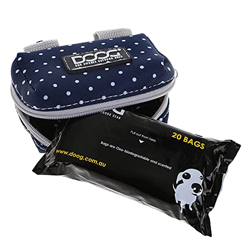 Image of DOOG Walkie Pouch, 20 Pre-Loaded Doggy Waste Bags, Easily Clips On Leashes, Keep Hands Free (Neoprene), Navy /Polka Dot
