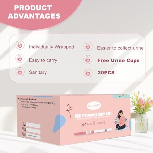 ACCUBIO Pregnancy Test Strips with Urine Cups, hCG Detection Home Pregnancy Tests, Sensitive & Over 99% Accurate, 20 Count Individually Wrapped, Rapid hCG Test Strips, 5mm Wider 25mIU/mL