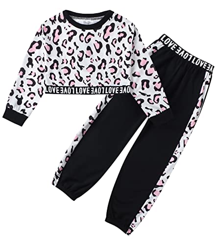 Image of Betusline Girls Two Piece Outfits, Fashion Leopard Print Crewneck Cropped Tops + Jogger Pants Set Outfits for Girl, Leopard Pink, 7-8 Years