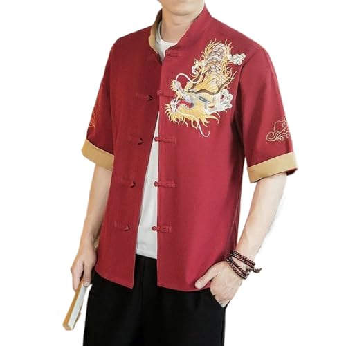 Chemise manches courtes brodée dragon doré homme col montant rétro WOLONG