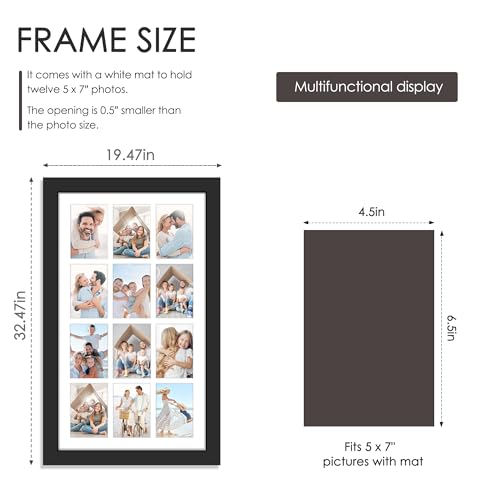 Image of DUENPY 17.5x30.5 Picture Frame 12-Opening 5x7 Collage Picture Frame Displays Twelve 5x7 inch Photos Collage Wall Decor Wall Hanging or Tabletop Black