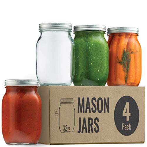 Wide Mouth Glass Mason Jars, 32 Ounce Glass Canning Jars with Silver Metal Airtight Lids and Bands with Chalkboard Labels, for Canning, Preserving, Meal Prep, Overnight Oats, Jam, Jelly, (4 Pack)