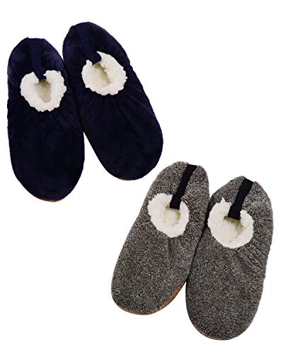 Panda Bros 2 Pairs Mens Slipper Socks Low Cut Super Soft Warm Home Sock with Non-Slip Indoor Slipper Shoes Socks (Brownish&Navy,7-9.5,2 Pairs)