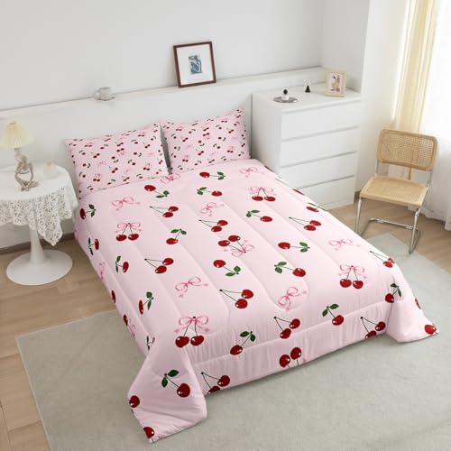 Image of Feelyou Bows Cherry Summer Comforter Set Twin Size Kids Boys Girls Bedding