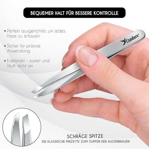 Candure Profi Schräg Pinzette für Herren & Damen – Präzisions Edelstahl Pinzetten zum Augenbrauen, Gesichts und Kinnhaare Zupfen, Eingewachsene Haare & Splitterentfernung mit Lederetui (Silber) 4