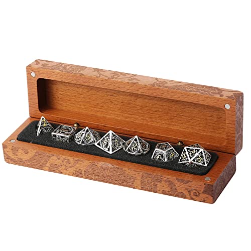 Metal Dragon DND Dice Set,Copper Material D&D Style dice for Medieval Fantasy RPG,7 Dies with Wooden Box,Silver Dragon