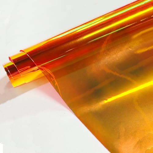 JERLITU Transparent Iridescent PVC Vinyl Fabric 30cm X 137cm, 0.3 mm Orange Holographic Clear Vinyl Roll for Making DIY Projects Fashion Apparel Accessories
