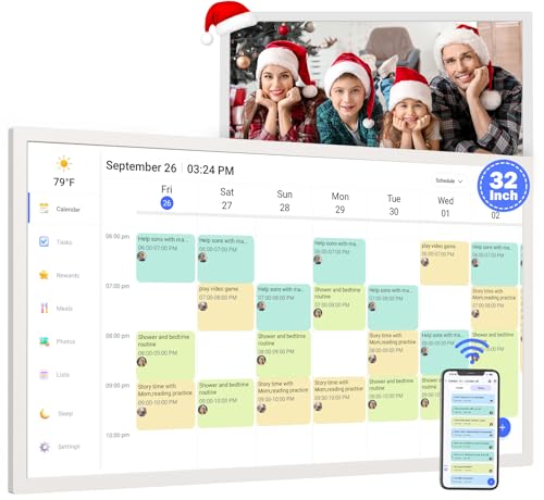 Smart Digital Calendar Chore-Chart-for-Family Schedules &ndash; 32 Inch Smart Touchscreen Interactive Display, Meal Planner, Star Rewards, Auto-Sync Online Calendars via APP, Wall Mountable, Gifts for Mom