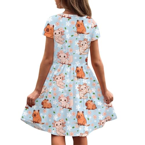 Image of Girls Dress with Pockets Basic Short Sleeve High Waist Swing Skater Dress School Party Dress for Kids
