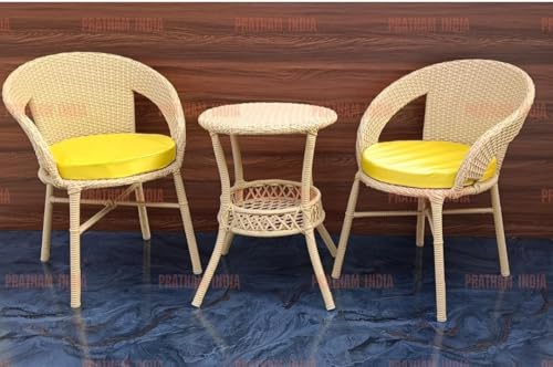 Image of PRATHAM India Outdoor 3 Pieces All Weather Wicker Patio Rattan Chair and Table Bistro Set with Powder Coated Iron Frame for Balcony, Garden, Poolside, Deck. (Honey + Yellow Cushion)