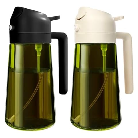 YARRAMATE 16oz/470ml 2PCS Light Blockage Dark Oil Sprayer for Cooking, 2 in 1 Olive Oil Dispenser Bottle for Kitchen, Dark Green Glass Oil Bottle, Food-Grade Oil Mister for Air Fryer (Black & White) Cover