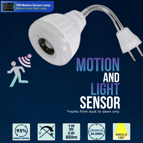 Image of LED Motion-Activated Sensor Dusk to Dawn PIR Night Light AC Outlet Directional Flexible Rotatable 360 Socket Plug-in Wall Stairs Lamp Indoor Closet Cabinet Toilet Garage Ceiling Basement 5W 6500K