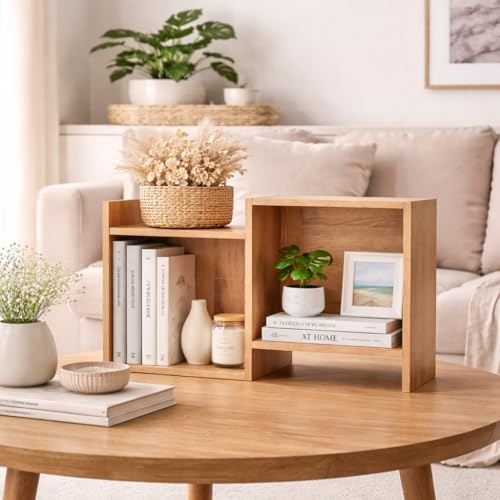 Image of 2 Cube Storage Organizer Wooden Bookshelf, 2 Cube Shelf Bookcase, Small Bookshelf Storage Organizer, 2 Cube Storage Shelf for Bedroom, Small Bookshelf for Living Room and Office (Natural, 2 Tier)