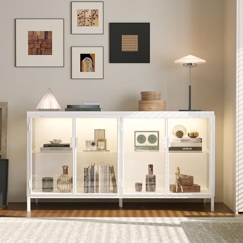 Caldion - Escaparate con iluminación LED, vitrina de 4 puertas acristaladas, diseño pop-up vitrina de cristal con 2 estantes armario de cristal negro, para salón de vidrio templado, 140 x 40 x 75 cm