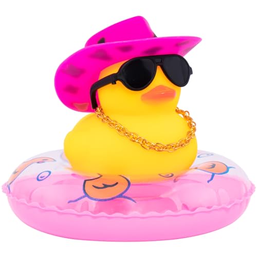 Image of wonuu Car Rubber Duck, Yellow Duck Decoration Dashboard with Sun Hat Swim Ring Necklace Sunglasses for Car Dashboard Decorations, Black Spots Pink Cowboy Hat-Pink