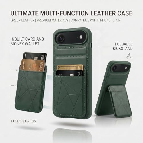 Image of amazon basics Premium Vegan Leather Back Cover with Card Holder and Integrated Mobile Stand for iPhone 17 Air - Slim Shockproof Wallet Case with Geometric Stitching [Green]