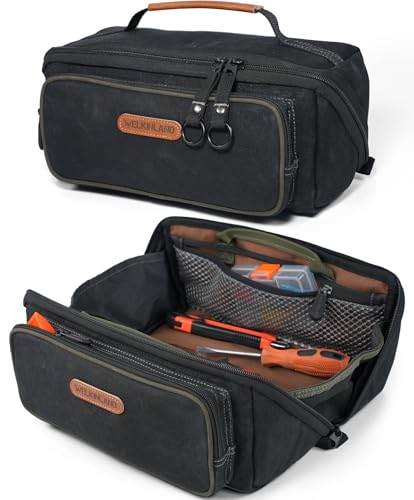 WELKINLAND LayFlat Tool Pouch Organizer 13-Inch Small Tool Bag Heavy-Duty Waxed Canvas Tool Pouch 5-Pocket Small Tool Bags with Zipper Wide-Open Electrician Tool Bag