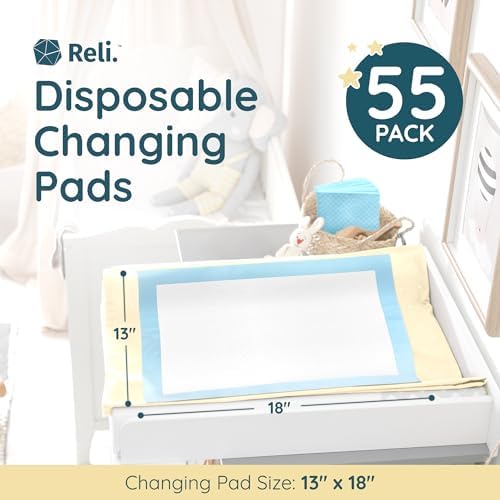 Reli. Disposable Changing Pads for Baby (55 Pack) | Disposable Diaper Changing Pads, 13" x 18" | Super Absorbent, Leak-Proof Liners | Waterproof, Quick Dry Underpads (Blue/White) - 1