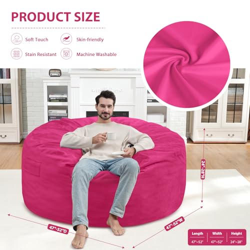 5FT Bean Bag Chair, Large Bean Bag Chairs with Memory Foam Filled, Fluffy Beanbag Sofa with Dutch Velvet Cover, Round BeanBag Chairs for Living Room, Playroom - Pink