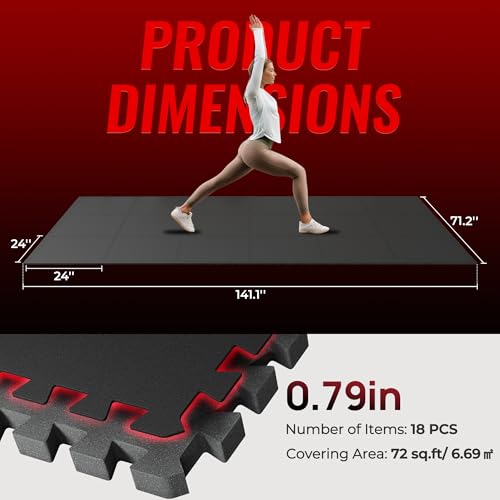Image of SUPERJARE 0.79'' Extra-Thick Exercise Equipment Mats, 18 Pcs 72 Sq Ft Rubber Top Floor Tiles with High Density EVA Foam, Interlocking Gym Flooring for Home Gym, Workout Mat, Black