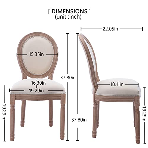 Kcc French Dining Chairs Set Of 2, Upholstered Vintage Farmhouse Chair With Round Backrest, Mid Century Fabric Chair With Solid Rubberwood Leg For Dining Room Bedroom Kitchen Restaurant, Beige #TOP2