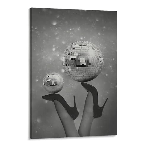 Black And White Disco Ball Poster Funky Retro Disco Posters Vintage Disco Ball Painting Trendy Party Wall Art for Modern Bar Dorm Bedroom Decor Frame-style 20x30inch(50x75cm)