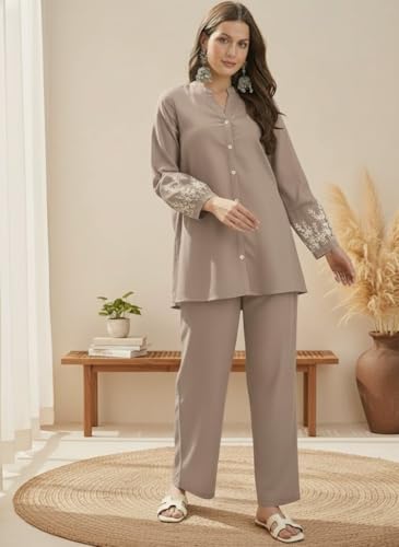 Image of SHEINZY Elegant Embroidered Sleeve Co-Ord Set for Women | Comfortable Silk Blend V-Neck Button-Down Top Matching Pants | Stylish Casual Ethnic Wear