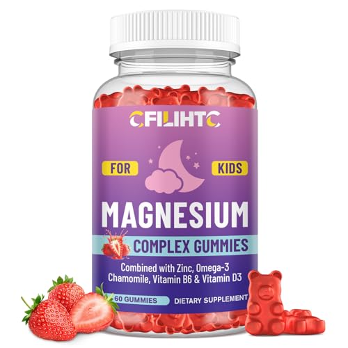 Image of Kids Magnesium Gummies-Magnesium Glycinate Gummies for Kids Supplement-w /Zinc, Chamomile, Omega-3, Vitamin B6, D3 - for Sleep, Relaxation, Brain, Bones, Children's Calm, Sugar Free Strawberry 60ct
