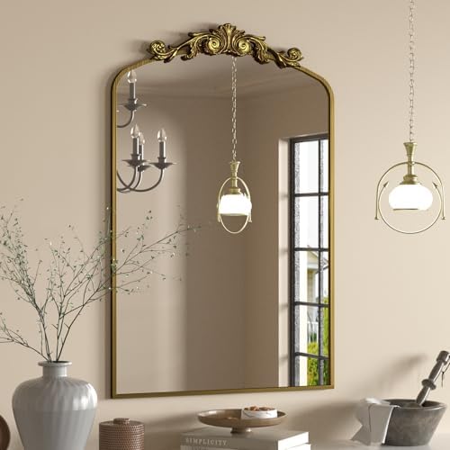 SMIROR Gold Vintage Arch Mirror 24x36, Retro Ornate Antique Vanit...