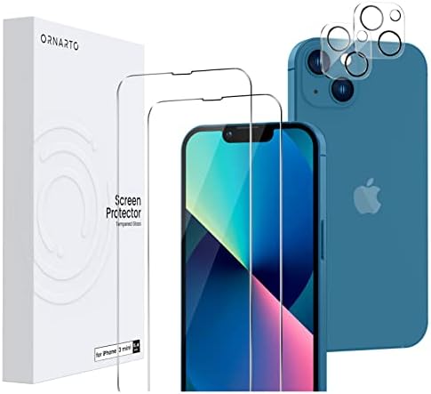 ORNARTO Screen Protector Compatible with iPhone 13 mini with Camera Lens Protector [2+2 Pack], Tempered Glass Film with Easy Installation Tool,[Anti-Scratch][Anti-Shatter][Bubble-Free]