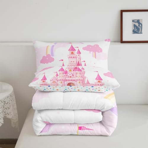 Image of Feelyou Kids Full Pink Castle Comforter Set Boys Princess Rainbow Castle Bedding Set Girls Comforter Fairy Tales Duvet Set Girls Bed Set 3Pcs