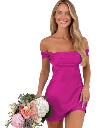 Weinaze Short Off Shoulder Satin Fuchsia Homecoming Dresses 2025 for Teen Bodycon Ruched HOCO Cocktail Party Dresses Size 10