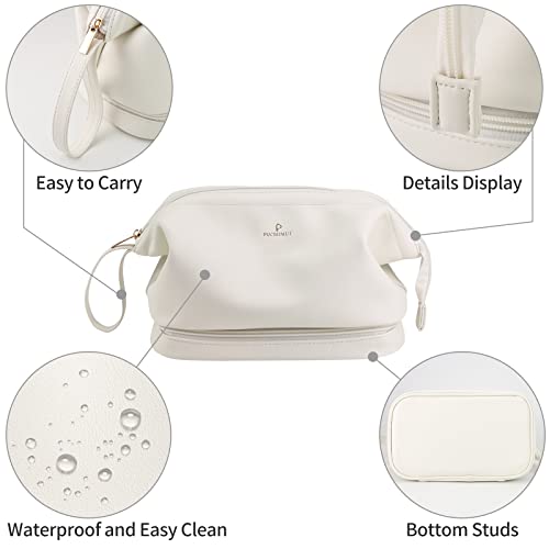 Pocmimut Leather Makeup Bag,Makeup Bag Cosmetic Bag For Women 2-In-1 Portable Drawstring Travel Makeup Bag With Mirror Large Double Layer Make Up Brush Bags(White) #TOP3
