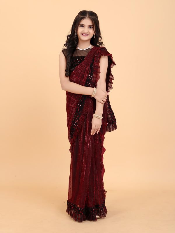 Image of Kids Supernet Tikli Work Ready to Wear Saree with Unstitched Blouse Piece | Traditional Ethnic Saree for Girls | Pre Stitched Festive Dress for School Function, Cultural Events & Wedding