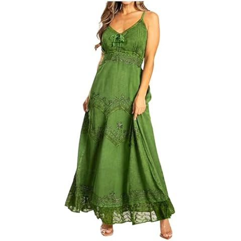 Sakkas Stonewashed Rayon Embroidered Adjustable Spaghetti Straps Long Dress - Green - S/M Cover
