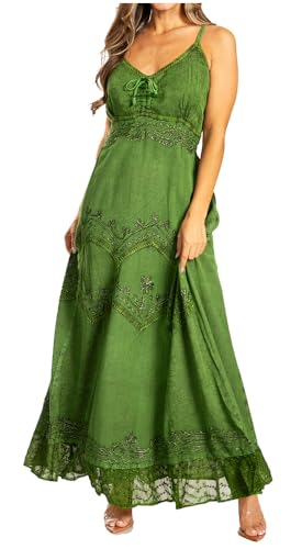 Image of Sakkas Stonewashed Rayon Embroidered Adjustable Spaghetti Straps Long Dress