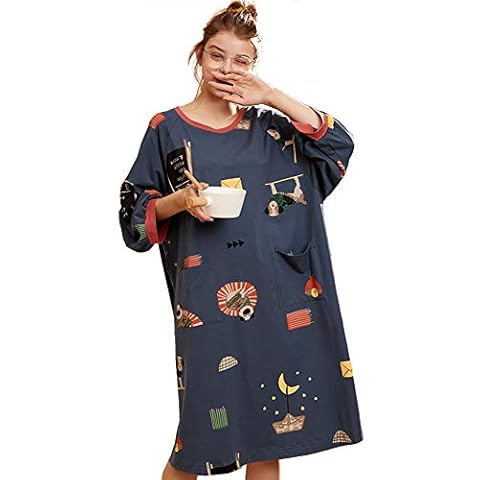 WX-ICZY Skin-Friendly Breathable Cotton Nightgown Round Neck Sleeping Shirt Long-Sleeved Soft Nightdress Nightwear Cover