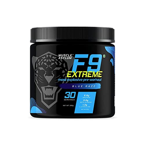 Muscle Asylum F9 Extreme Pre-Workout Energy Supplement Powder | High Caffeine + Beta Alanine + EAA- Creatine Free – 30 Servings, 300gm (Blue Razz) Muscle Asylum F9 Extreme Pre-Workout Energy Supplement Powder | High Caffeine + Beta Alanine + EAA- Creatine Free – 30 Servings, 300gm (Blue Razz)