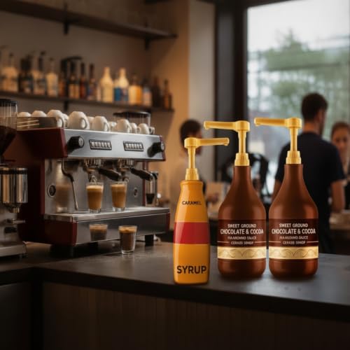 Image of Tanlade 3 Pcs Coffee Syrup Pump Compatible with DaVinci (64oz) and Ghirardelli (87-90oz) Bottles, Sauce Pump Dispenser Chocolate and Caramel Sauce Bottles Gold