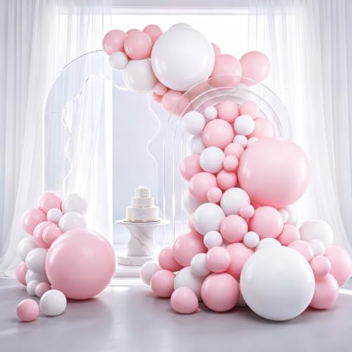 Image of RUBFAC White and Pink Balloons 129pcs Different Sizes Pack of 18 12 10 5 Inch, Latex Baby Pastel Pink Balloon Garland Arch Kit for Birthday Party Wedding Anniversary Baby Shower Gender Reveal