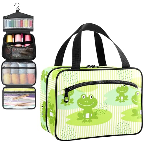 YNNALE Sewing Supply Organizer Bag, Cute Green Frog Cartoon Pound Frogs Portable Sewing Bags with Pockets&Hanger, Sewing Storage Box Case for Sew Supplies/Kit/Tools/Accessories (BAG ONLY)